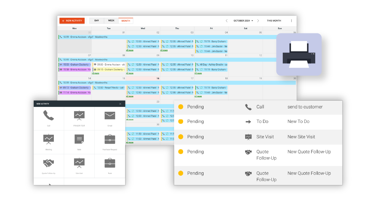 Clarity Software Task scheduling interface featuring a monthly calendar, activity creation icons, and an action tracking list.