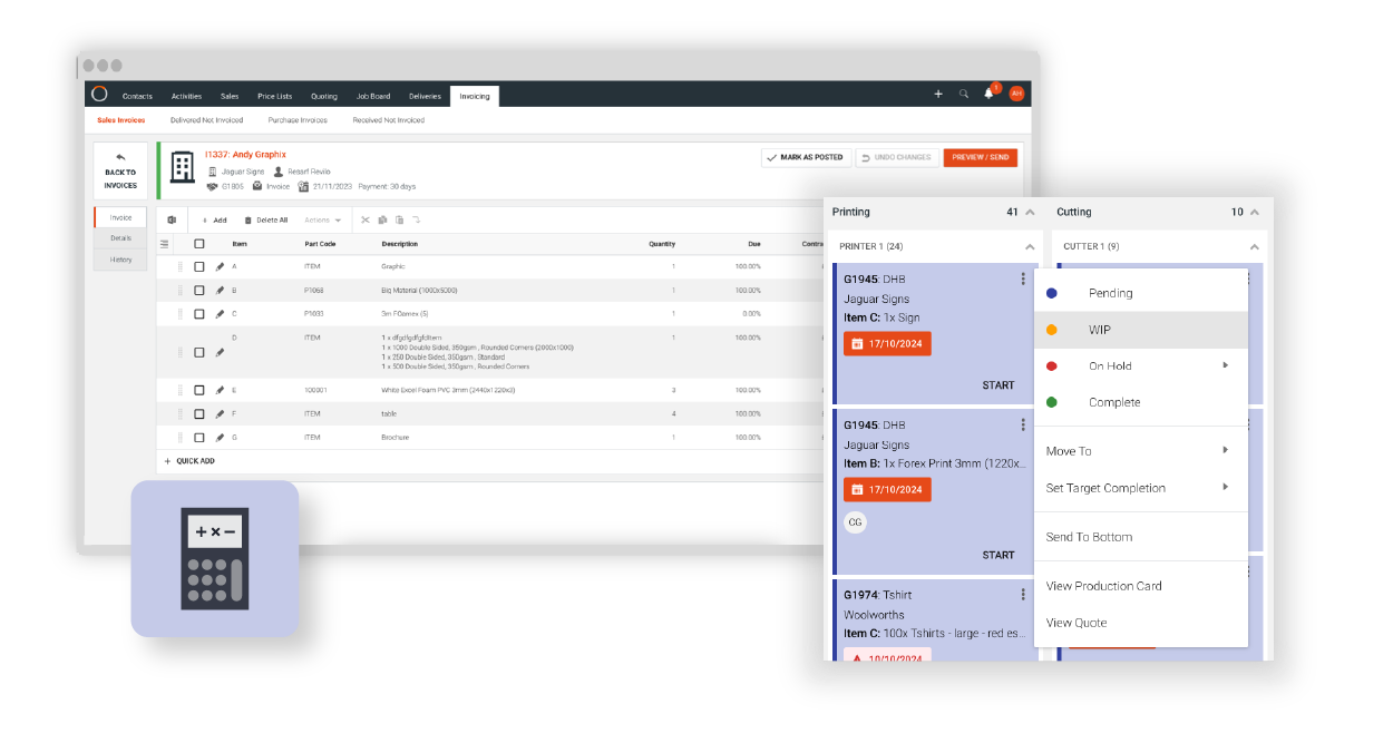 Clarity Software interface dashboard displaying an invoicing table alongside a production job board showing print order status cards and a status menu.