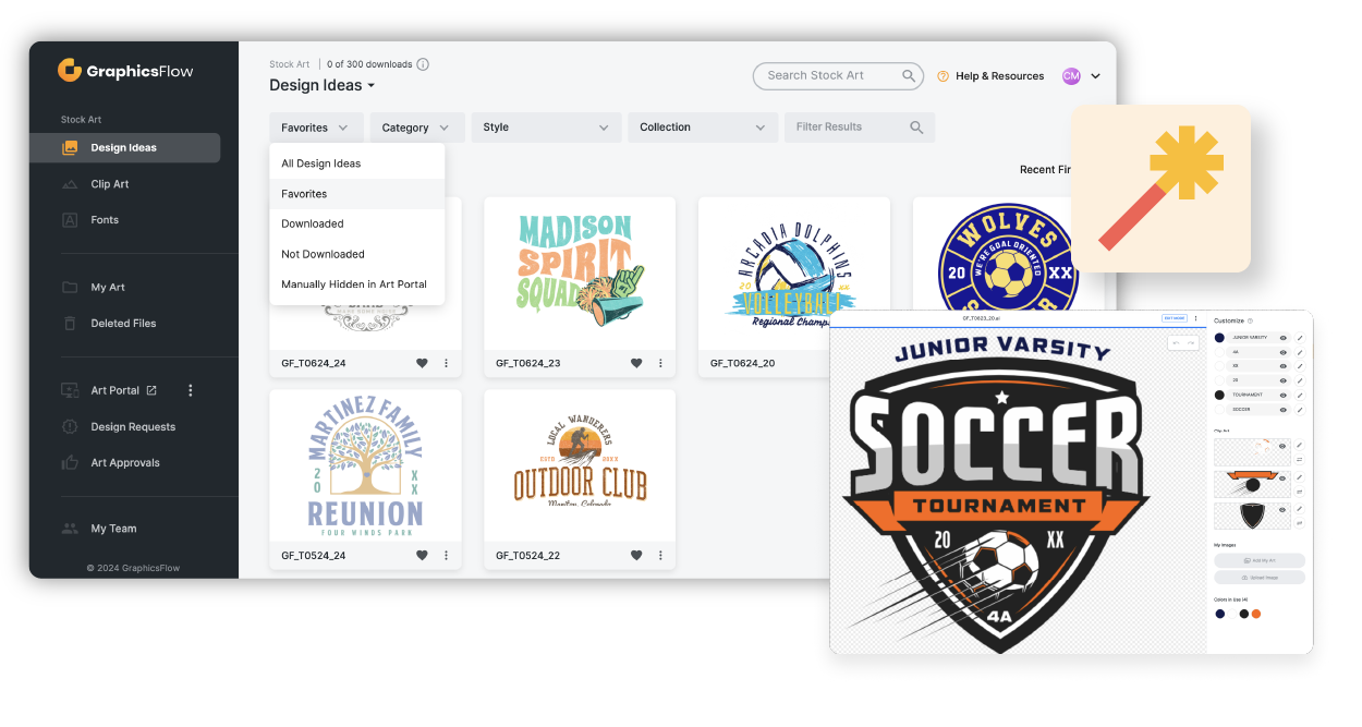 GraphicsFlow platform dashboard displaying stock art design ideas, category filter dropdowns, and an interactive artwork editor window.