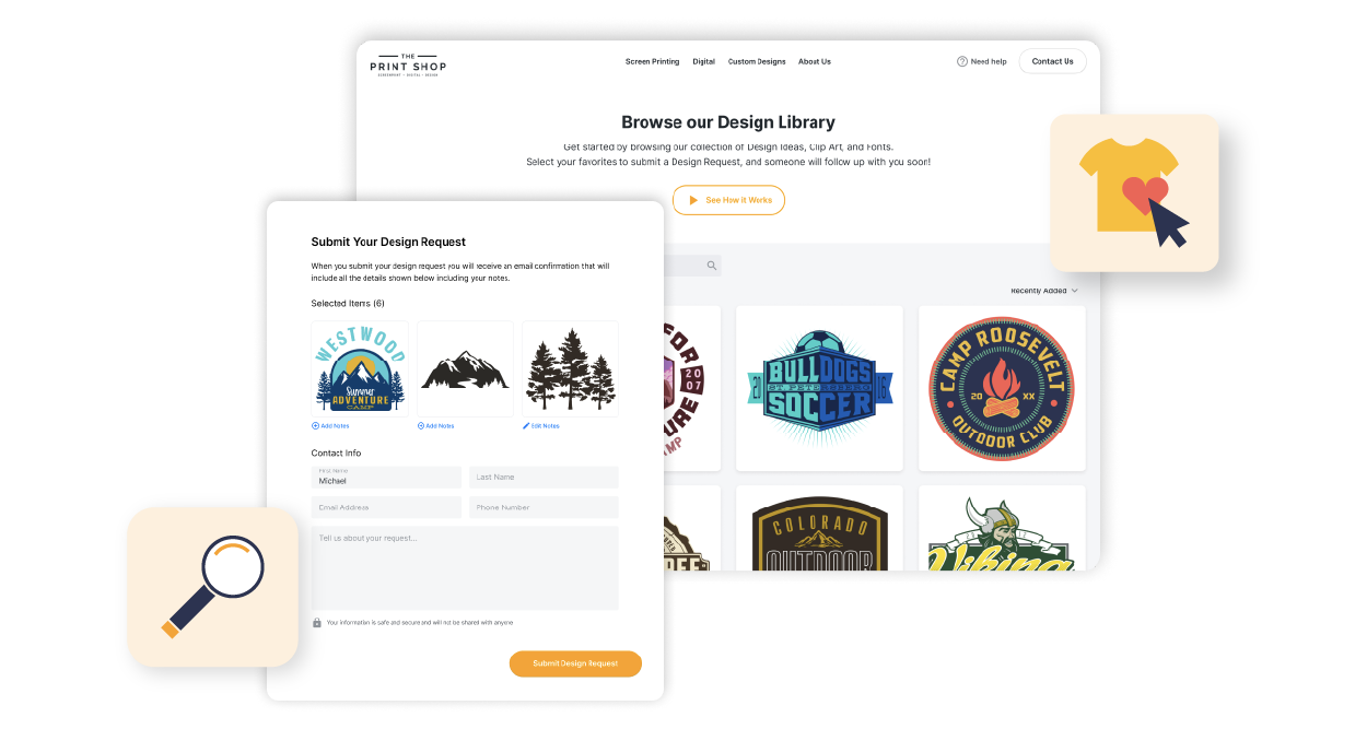 GraphicsFlow online portal displaying an interactive graphic design library with custom artwork templates and a design request form.
