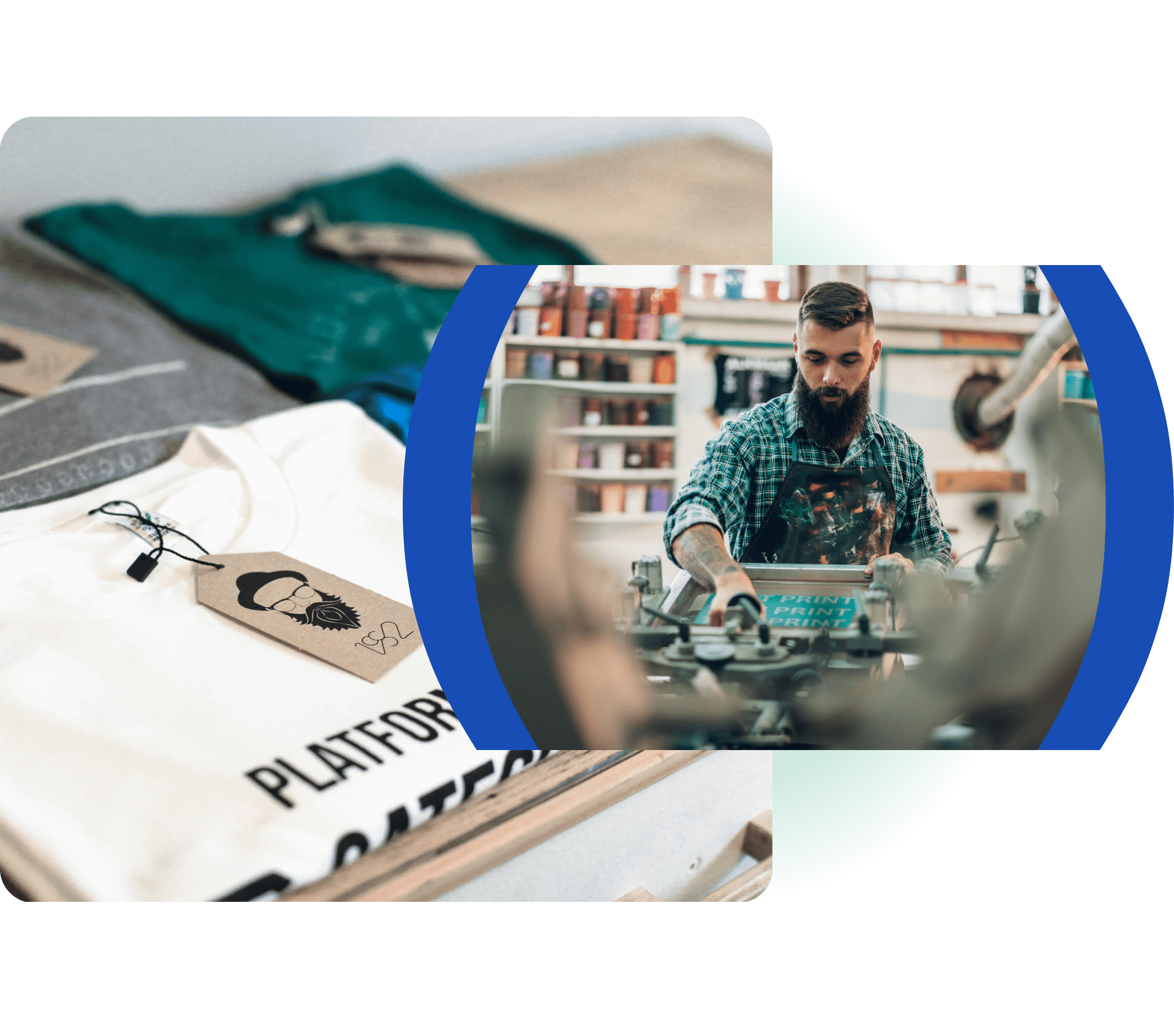 Screen printer operating press machinery overlaid with custom branded t-shirts.