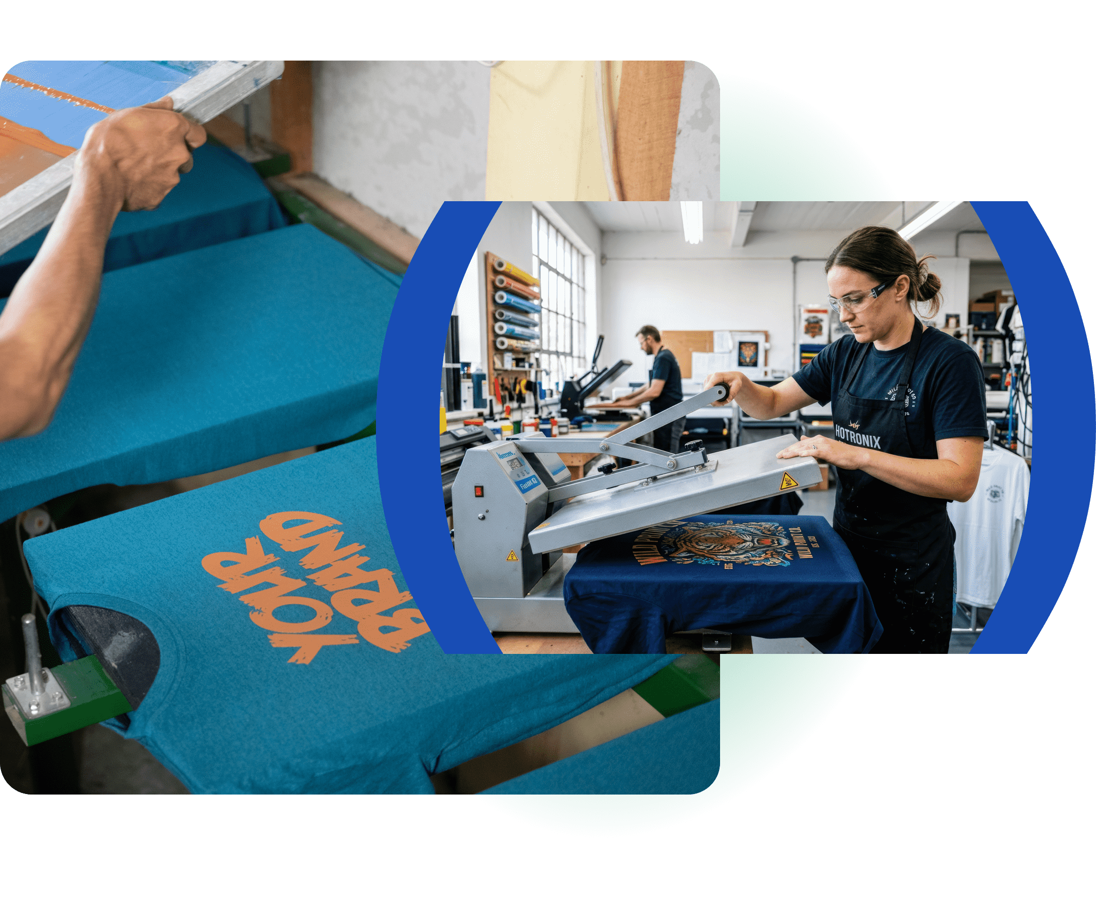 Woman operating a heat press machine alongside custom screen-printed t-shirts.
