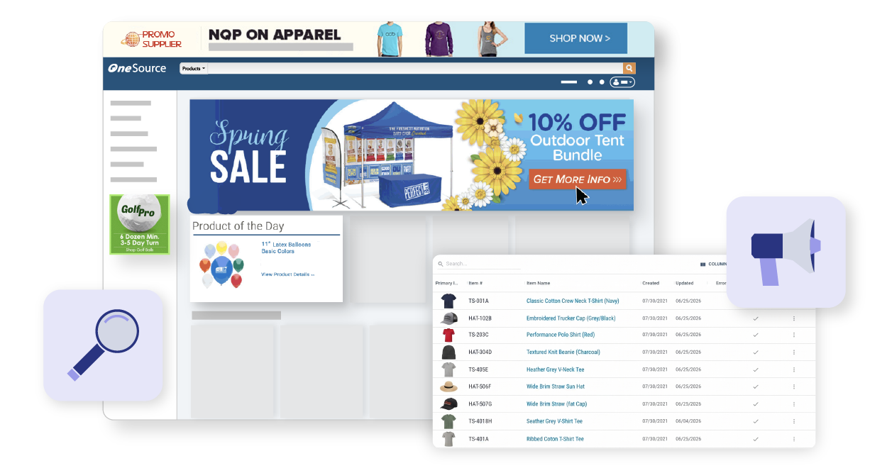 OneSource e-commerce platform interface featuring promotional banners, product-of-the-day cards, and an inventory catalog spreadsheet.