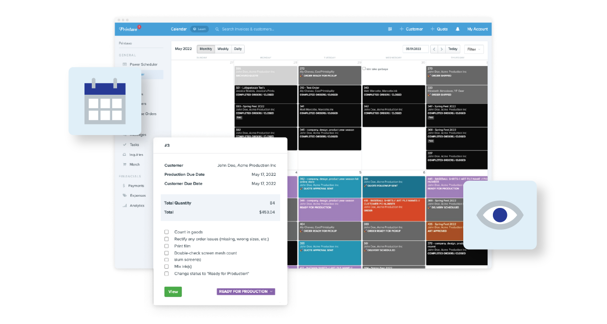 Printavo calendar schedule interface showcasing color-coded production status blocks and an order detail popup card.