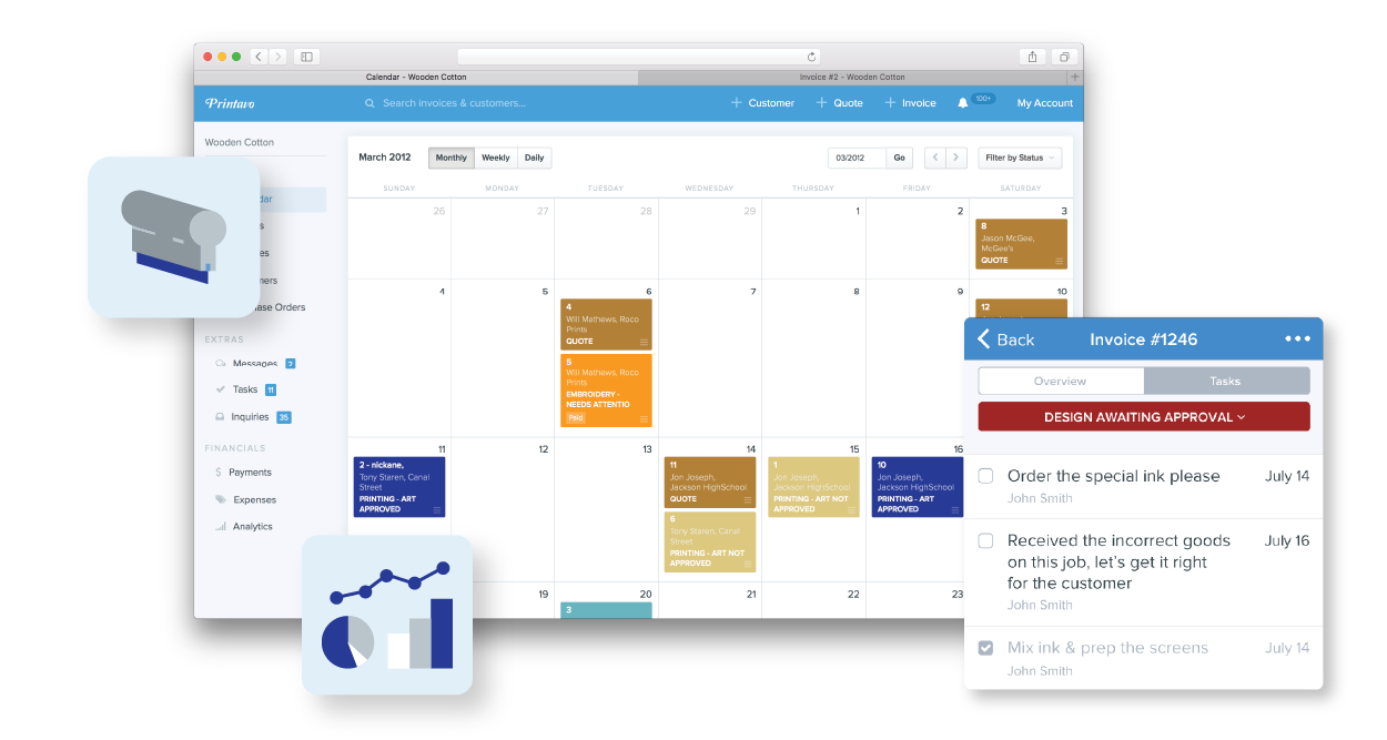 Printavo calendar dashboard showing scheduled print jobs alongside an invoice task checklist pop-up.