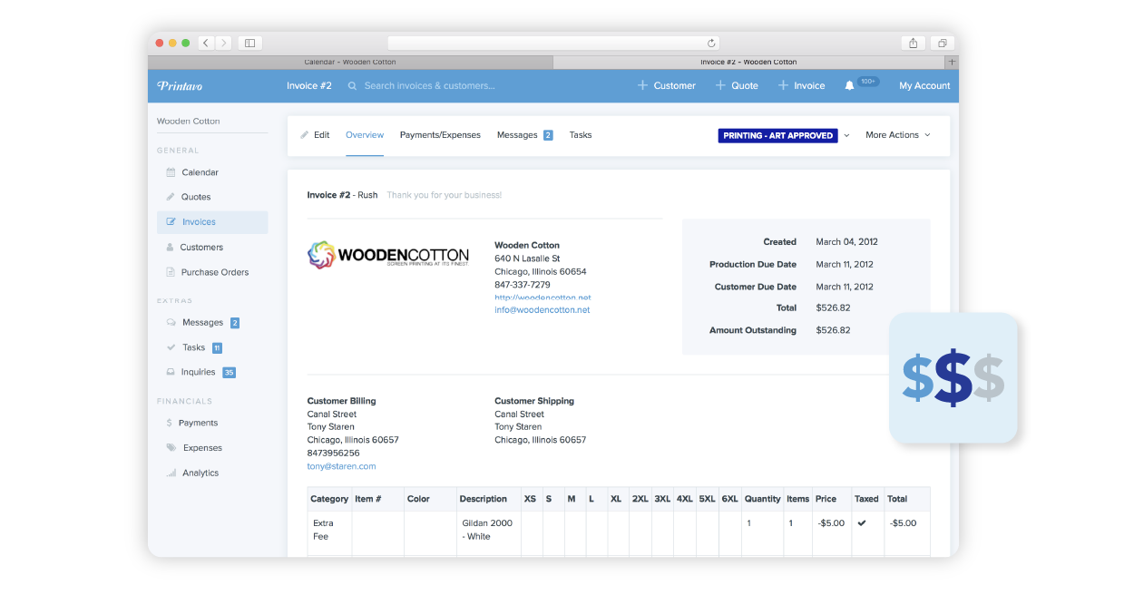 Printavo invoice software interface showing customer order details, billing information, and an itemized price breakdown.