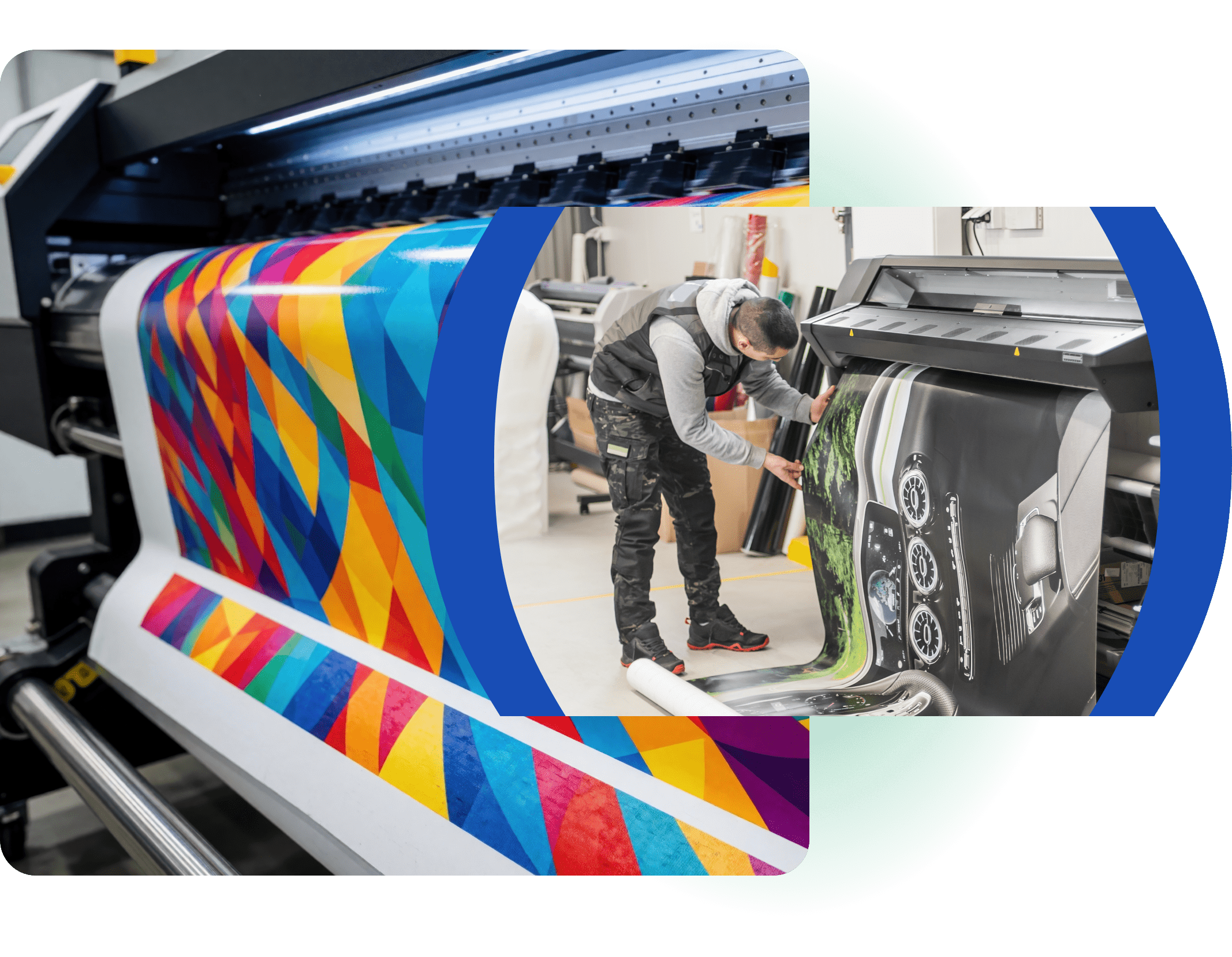 Industrial wide-format printer outputting a vibrant geometric banner and vinyl graphics.