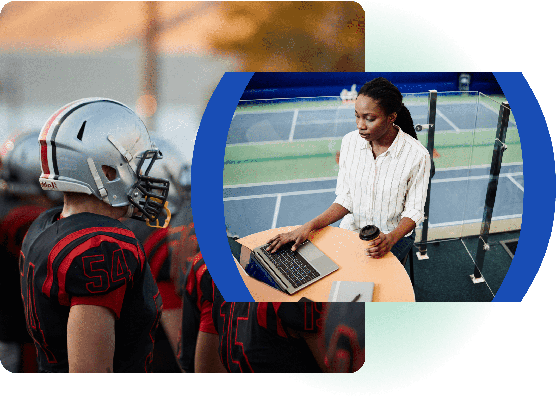 Sports dealer working on a laptop overlooking an athletic facility next to a football player in uniform.