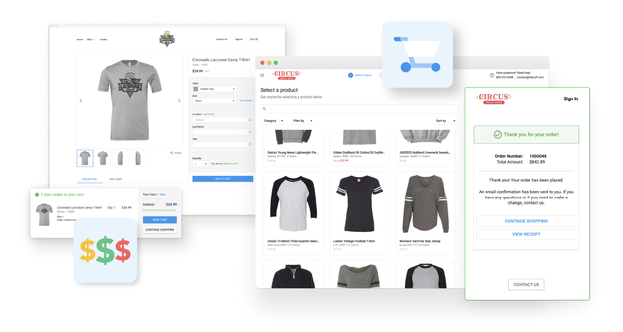 Collage showing custom apparel e-commerce interface screens, including product customization, catalog browsing, and order confirmation.