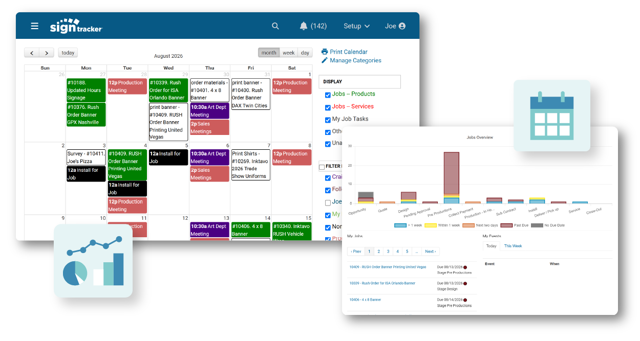 SignTracker software dashboard showing a sign shop production calendar and job management analytics chart.